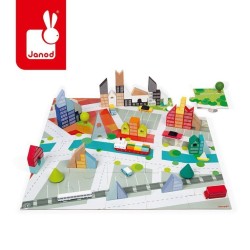 Drewniane klocki z puzzlami Kubix Miasto 60 elementów 3+ / Janod