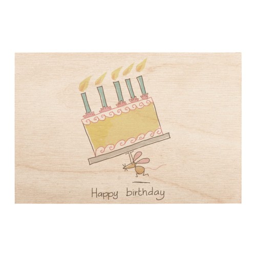 Miwoodo Drewniana kartka na Urodziny Myszka z tortem