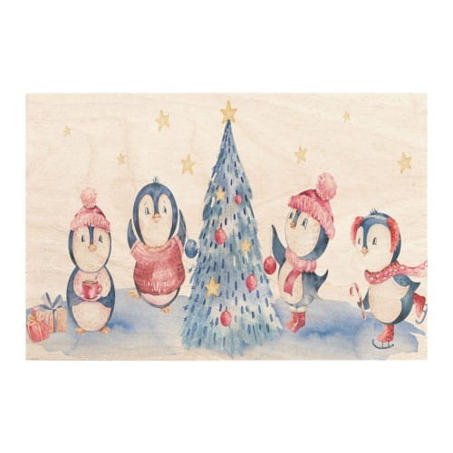 drewniana kartka świąteczna boże narodzenie pingwinki miwoodo