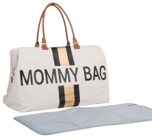 torba mommy bag kremowa w paski czarno złote childhome