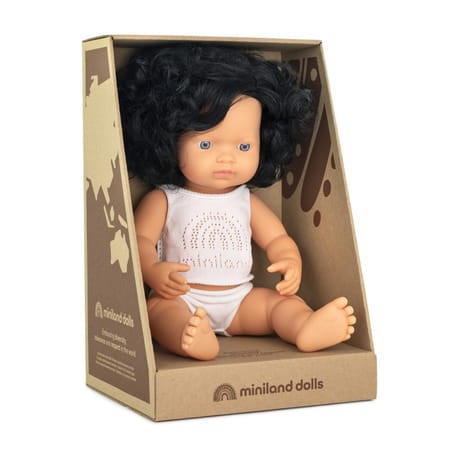 lalka dziewczynka europejka czarne krecone wlosy 38 cm miniland doll